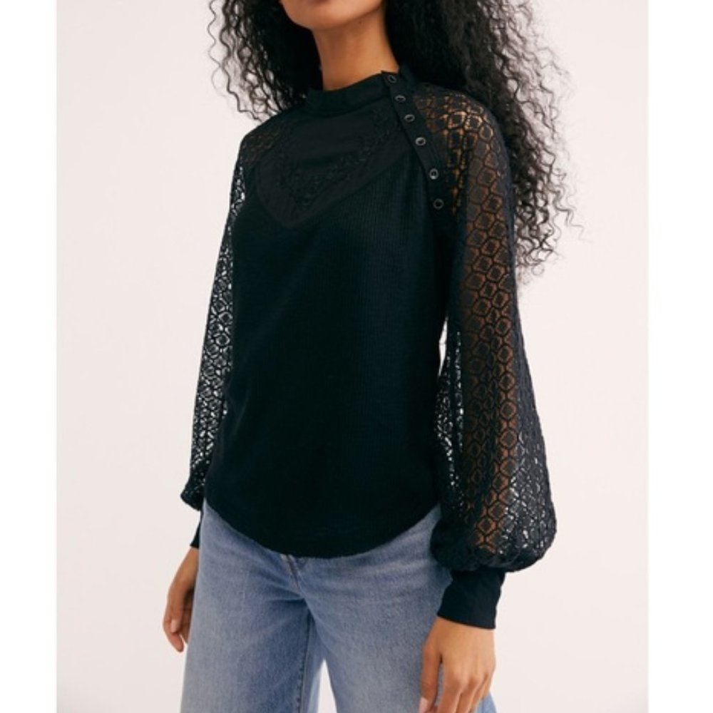 Free People Sweetest Thing Lace Sleeve Thermal Top Black XS NWT